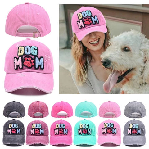 Cappellino da Baseball in Cotone Lavato Distressed da Donna Dog Mom Patch in Ciniglia Ricamo Vintage Cappello da Sole Regolabile Accessorio Moda