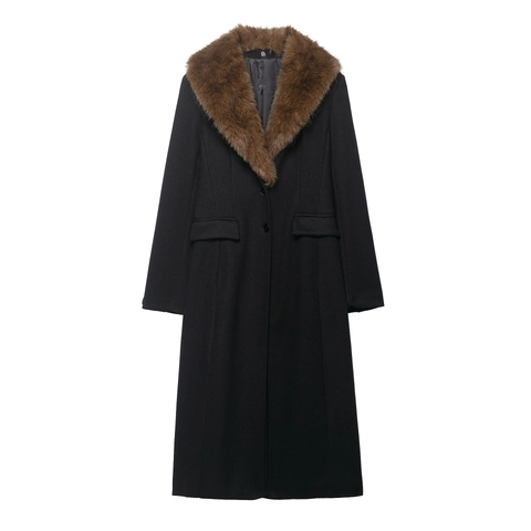 Women Long Woolen Coat With Faux Fur Collar Single Breasted Solid Color Outerwear Jacket With Pockets Winter
