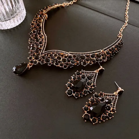 Collana A V Retro E Orecchini A Goccia Strass Nero Lega Con Silver Earring Post Gioielli Di Lusso Vintage Da Donna