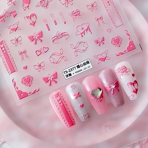 5D Embossed Nail Art Stickers Relief Pink Heart Bow Lace Design Self Adhesive Textured DIY Manicure Decals