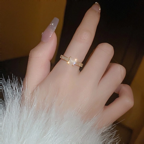 Eleganter Kupferring Mit Zirkonia Eingelegtem Buchstaben H Form Vergoldet Verstellbare Öffnung Schmuck Geschenk Damen