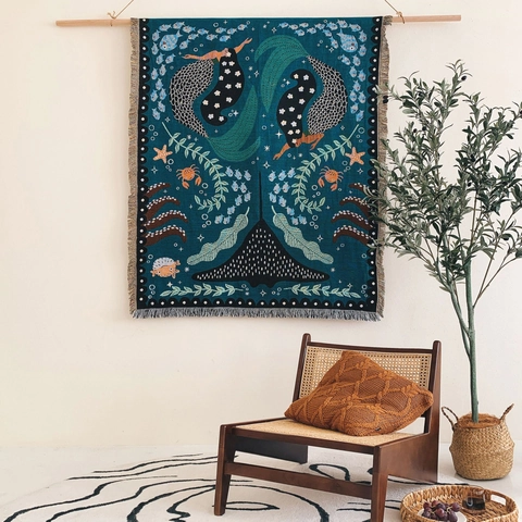 Coperta Intrecciata Sirena Cotone Jacquard Maglia Boho Tema Oceano Con Nappine Per Divano Picnic Campeggio Appeso A Parete