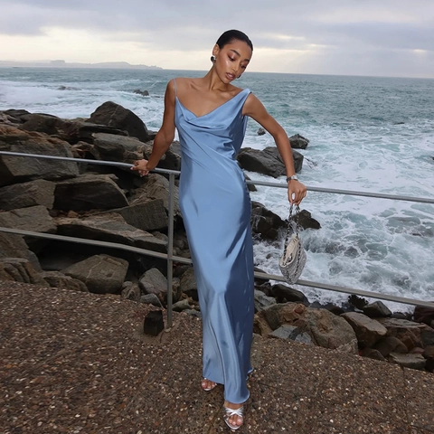 Backless Satin Maxi Dress Cowl Neck Spaghetti Strap Sleeveless High Waist Formal Evening Party Prom Gown For Women
