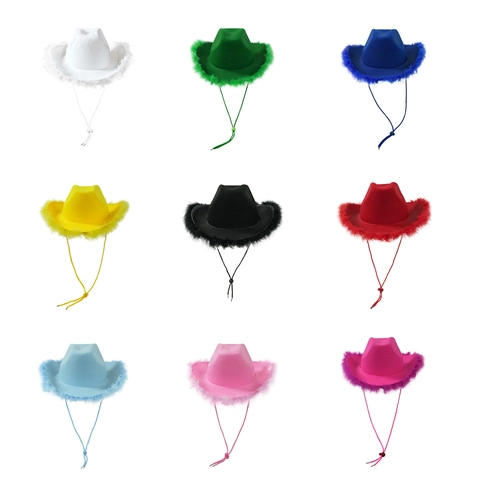 Western Cowboy Hat Feather Trim Wide Brim Adjustable Drawstring Party Cosplay Costume Felt For Women And Kids Accessories
