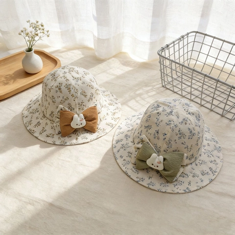 Cappello Da Pescatore Bimba Stampa Floreale Protezione Solare Tesa Larga Con Fiocco Grande E Decorazione Coniglio Cotone