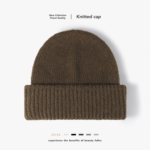 Gorro De Punto Unisex Cálido Grueso Hilo De Lana Dobladillo Acanalado Color Sólido Invierno Deportes Al Aire Libre