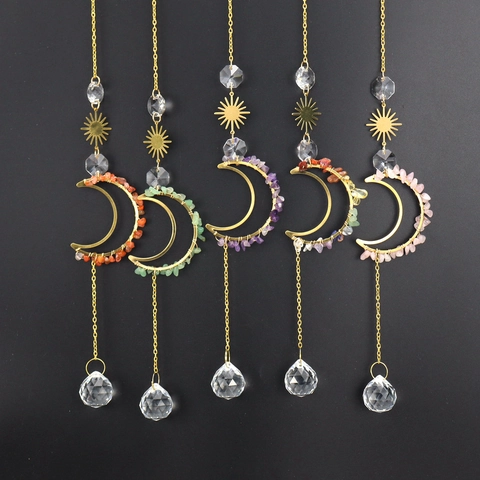 Attrape-soleil En Cristal Lune Et Soleil Ornement À Suspendre Avec Pierres Naturelles Chaîne En Métal Décoration De Fenêtre