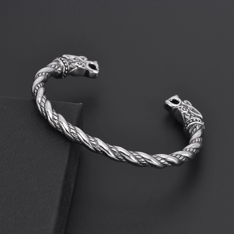Retro Nordic Viking Dragon Head Open Cuff Bracelet For Men Stainless Steel Twisted Cable Adjustable Bangle Antique Silver Jewelry