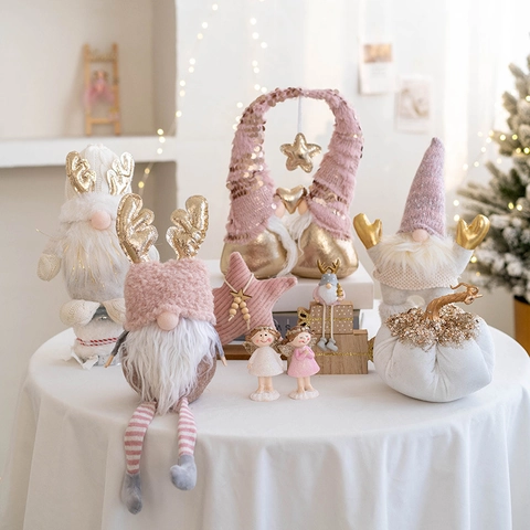 Gnome De Noël Père Noël Ornements En Peluche Échelle En Bois Figurines Ange Fille Rose Blanc Décoration De Table