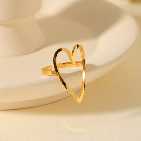 Hollow Heart Ring 18K Gold Plated Stainless Steel Adjustable Open Geometric Fashion Jewelry For Women