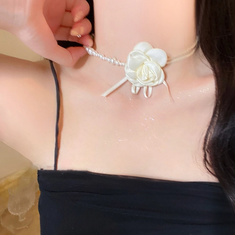 Camellia Blume Künstliche Perlen Choker Halskette Satin Stoff Schleife Französisch Elegant Romantisch Süß Schlüsselbeinkette Für Damen