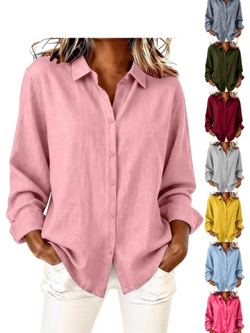 Camicia Casual da Donna in Cotone e Lino Manica Lunga Revers Monopetto Vestibilità Comoda Camicetta Top Leggera Moda Estiva