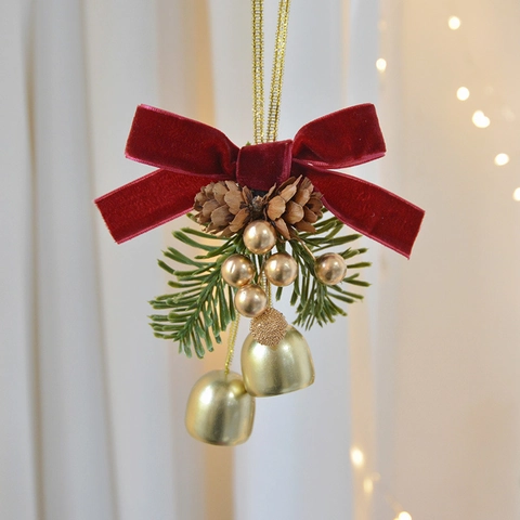 Christmas Hanging Ornament Velvet Bow With Golden Metal Bells Pine Cones And Pine Needles Festive Home Wall Decor