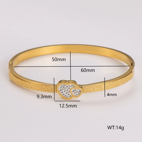 304 Stainless Steel Double Heart Bangle For Women Frosted Sandblasted Rhinestone Inlaid Open Hinge Fashion Jewelry Gift