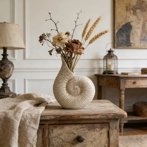 Jarrón De Cerámica Concha De Nautilo Soporte Flor Arte Blanco Roto Textura Espiral Nórdico Wabi-Sabi Adorno Salón