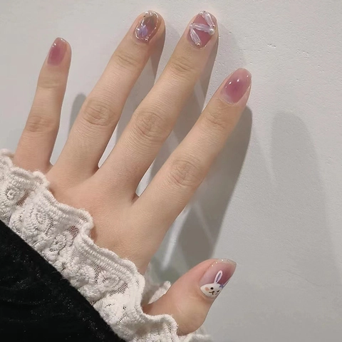 Cute Bunny Tulip Press On Nails Blush Pink Purple Gradient Artificial Pearl Rhinestone Short Round Square Fake Nails