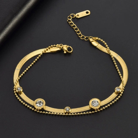 Stainless Steel Double Layer Gold Bracelet Women Zirconia Roman Numeral Round Charm Snake Bone Bead Chain Jewelry Gift