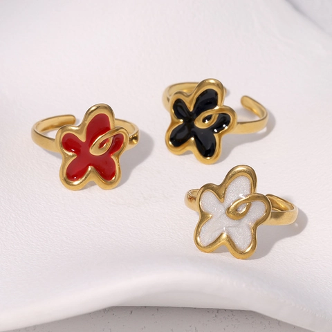 Elegant Flower Open Ring Stainless Steel 18K Gold Plated Enamel Adjustable Fashion Minimalist Finger Jewelry Women