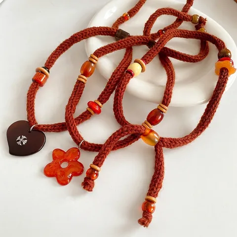 Collar De Cuerda Tejida A Mano Retro Con Colgante De Corazón Flor De Resina Cuentas De Madera Joyería Bohemia Mujer