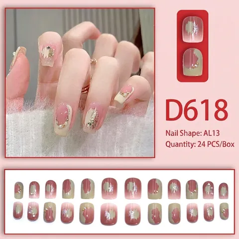 French Style Press On Nagels Met Kunstparel En Steentjes Decoratie Roze Gradiënt Elegante Natuurlijke Kunstnagels