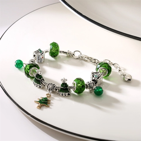 Christmas Beaded Bracelet Copper Chain Alloy Beads Glazed Glass Snowman Tree Bell Charms Snake Bone Jewelry Women