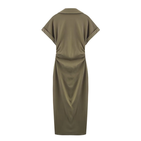 Damen Kurzarm Hemdblusenkleid Leinenmischung Geraffte Taille Einfarbig Sommer Midi Lässig Büro Elegant