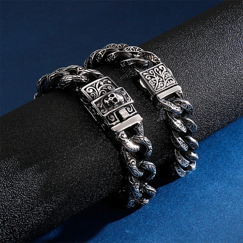 Pulsera Calavera Hombre Acero Inoxidable 316L Retro Gótico Punk Patrón Vid Grabado Cadena Pesada Joyería