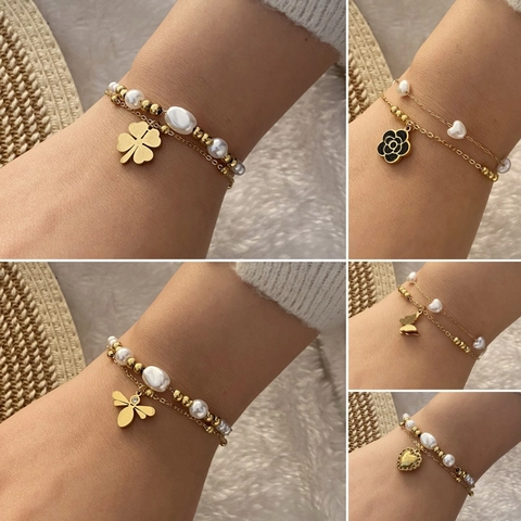 Layered Stainless Steel Bracelet With Imitation Artificial Pearl Flower Heart Bee Butterfly Charm Elegant Fashion Jewelry Women