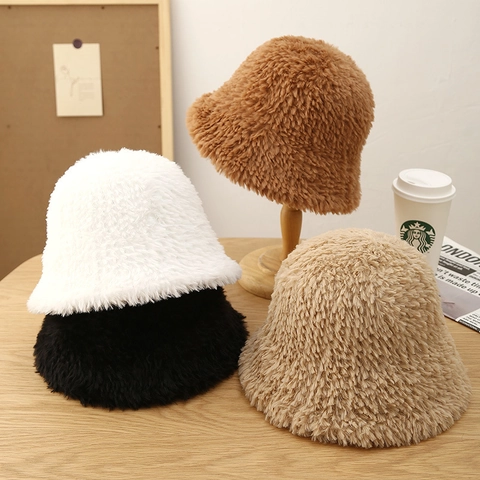 Women Winter Faux Fur Bucket Hat Warm Soft Plush Fisherman Hat Short Brim Elegant Solid Color Windproof