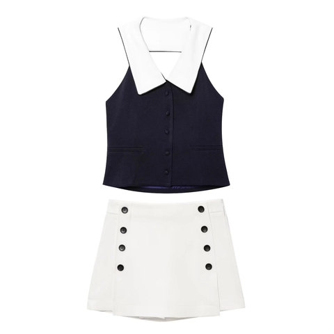 Gilet Sans Manches Pour Femmes Et Jupe À Boutons Bordure Contrastée Revers Taille Haute Style Streetwear Preppy