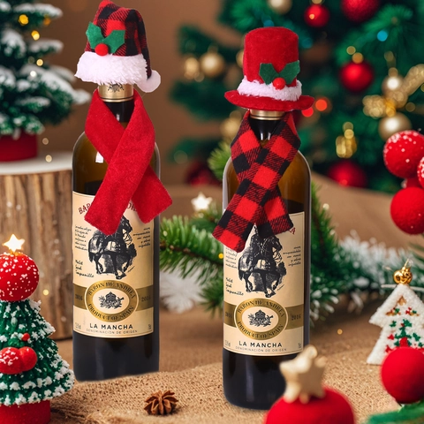 Christmas Wine Bottle Cover Bag Decor Set Red Black Plaid Mini Santa Hat And Scarf For Party Kitchen Table Decoration