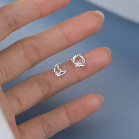 925 Sterling Silver Asymmetric Planet Moon Stud Earrings Inlaid With Zirconia Fine Jewelry Celestial Earrings For Women Daily Gift