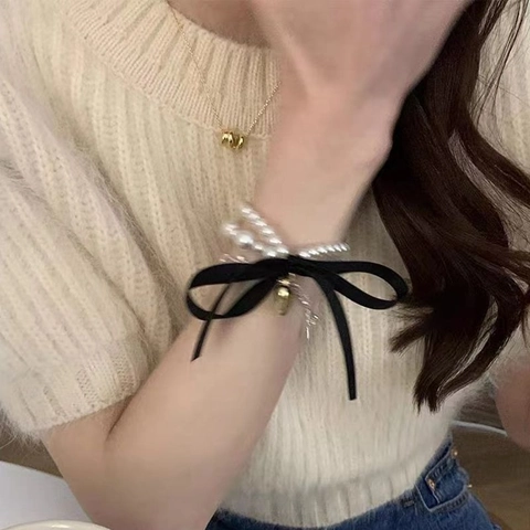 Dual-Use Künstliche Perlen Haargummi Armband Elegantes Kunstperlen Schleife Herzanhänger Mode Haarschmuck