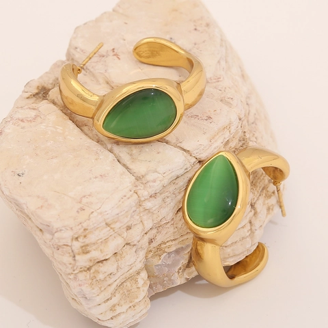 Stainless Steel Teardrop Cat Eye Stone C Shaped Hoop Earrings Retro Maillard Style Elegant Fashion For Women