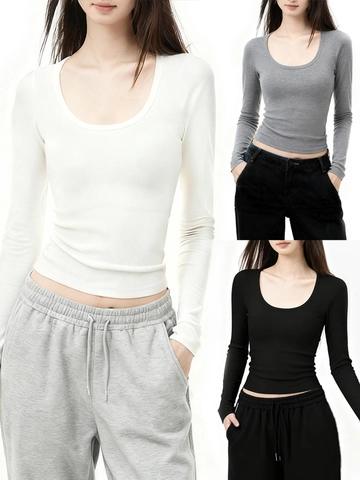 Women Long Sleeve T-Shirt U Neck Ribbed Knit Modal Viscose Slim Fit Basic Solid Color Casual Top