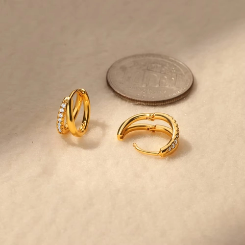 Minimalist Hoop Huggie Earrings Gold Plated Copper CZ Zirconia Enamel Heart Teardrop Triple Layer Trendy Jewelry For Women