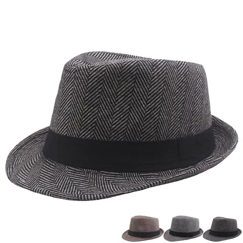 Men Vintage Herringbone Fedora Hat Wool Blend British Style Warm Retro Jazz Cap For Autumn Winter