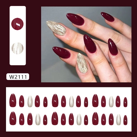 Uñas Postizas Rojo Frambuesa Y Oro Champaña Rayas Texturizadas Perla Artificial Brillante Forma Almendra Uñas Artificiales Para Mujeres