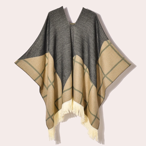 Women's Retro Knit Poncho Shawl With Tassels Geometric Grid Pattern Pullover V-Neck Warm Bohemian Ethnic Travel Wrap Cape