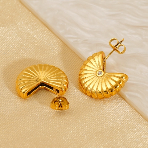 Pendientes De Botón Abanico Acero Inoxidable Chapado En Oro 18K Concha Nervada Geométrico Retro Joyería Para Mujeres