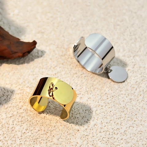 Minimalist Open Ring 304 Stainless Steel Wide Band Round Disc Pendant 18K Gold Plated Vintage Ins Style Unisex Jewelry
