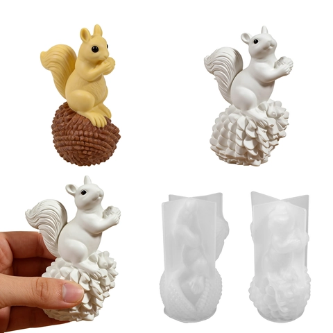 Squirrel On Pinecone 3D Silicone Mold For Aromatherapy Candle Making Resin Casting DIY Craft Realistic Forest Theme