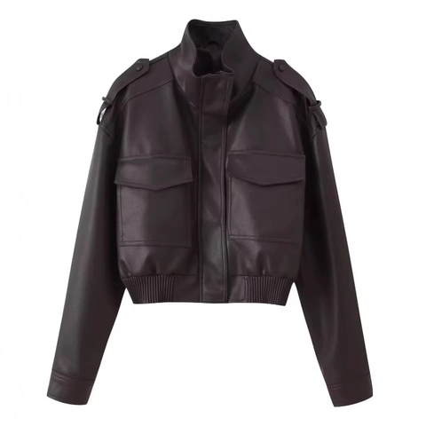 Giacca Corta In Ecopelle Da Donna Collo Alto Maniche Lunghe Cerniera Moto Biker Con Tasche Cargo Streetwear