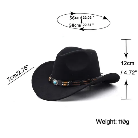 Western Cowboy Hat Wide Brim Polyester Felt Ethnic Turquoise Wood Bead Belt Adjustable Outdoor Travel Unisex