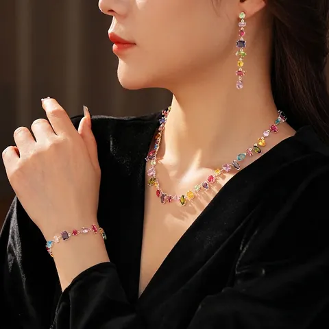 Colorful Zircon Necklace Dangle Earrings Bracelet For Women Luxury Water Drop Fashion With Silver Earring Post