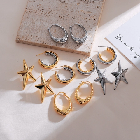 Elegante Kupfer Stern Und Oval Ohrstecker Für Damen Minimalistische Gold Silber Plattierte Geometrische Ohrringe Schmuck Geschenk