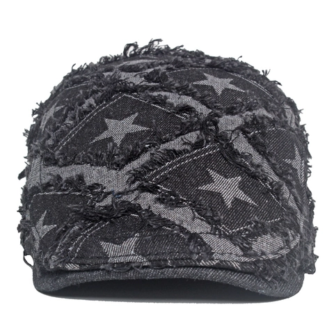 Casquette Plate En Jean Vintage Effet Vieilli Bords Effilochés Motif Étoile Béret Réglable Streetwear