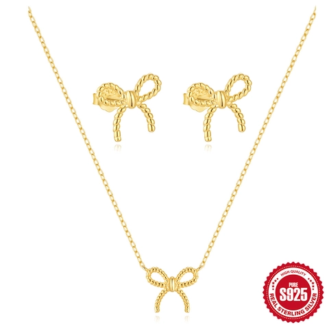 Ensemble de Bijoux Nœud en Argent Sterling 925 Design Corde Torsadée Plaqué Or Collier Boucles d'Oreilles Ensemble pour Femmes Accessoire