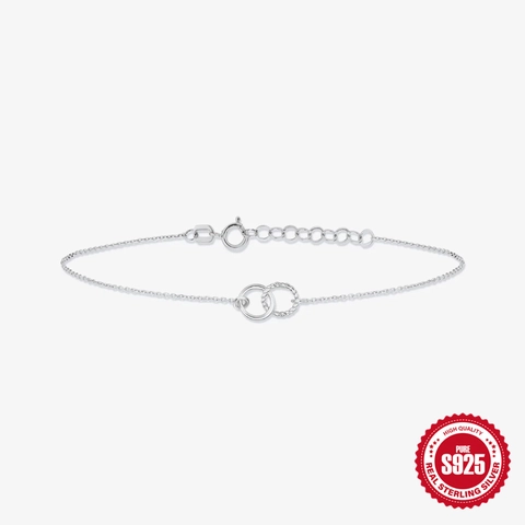 Pulsera Minimalista de Plata de Ley 925 Con Dobles Anillos Entrelazados Circonita Brillante Cadena Ajustable Joyería para Mujer