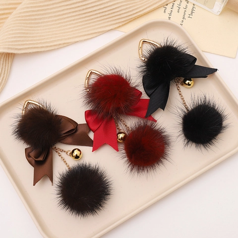 Fashion Plush Pompom Keychain Ribbon Bow Knot Golden Bell Bag Pendant Charm For Women Backpack Handbag Decoration Keychain